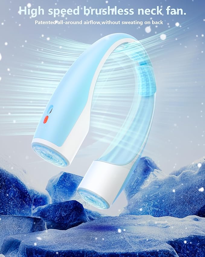 Rohent Rechargeable Neck Fan for Cooling: Powerful High Speed Battery Operated Fan 4 Speeds Long Battery Life - Lightweight USB Rechargeable Wearable Fan for Outdoor Indoor - Blue