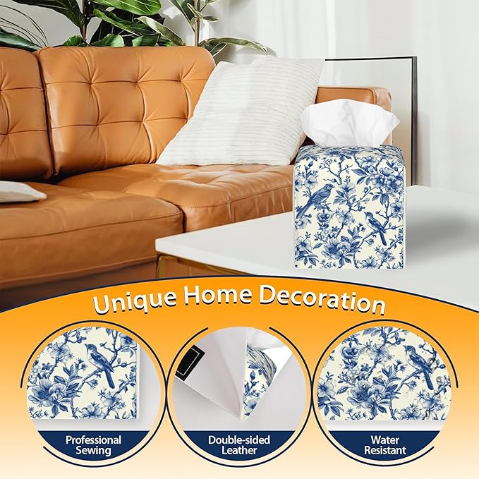 Tissue Box Cover Square,Vintage Floral and Blue Bird Tissue Box Holder Waterproof Leather Facial Paper Case Modern Home Decoration for Bedroom Dresser Night Stand Office Desk
