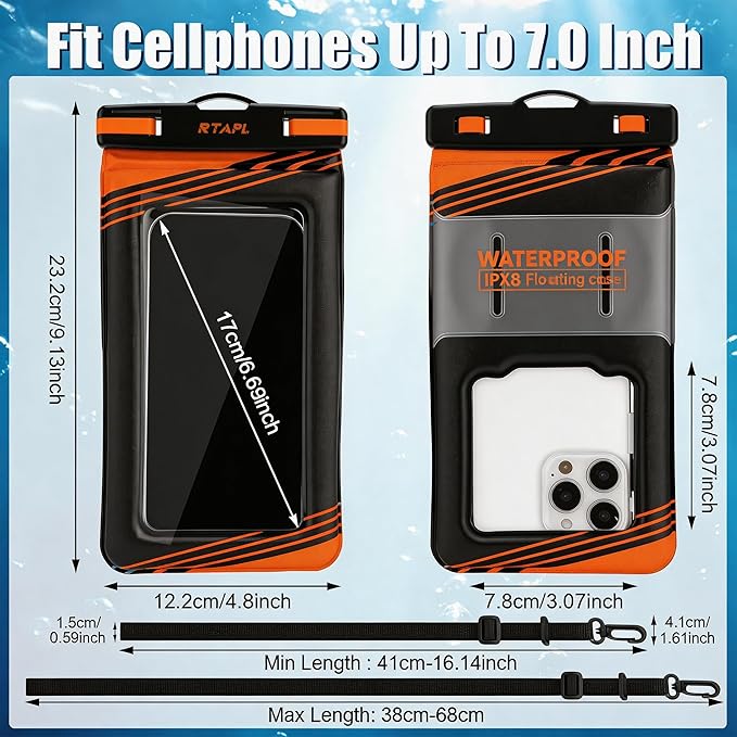 2 Pack IPX8 Floating Waterproof Phone Pouch - Case with Lanyard, Universal Protector for iPhone 17/16/15/14/13 Pro Max Plus & Galaxy S25/S24 (Orange)