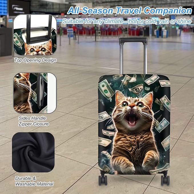 Luggage Cover Protector for 30-32 Inch Suitcases, TSA Approved Elastic Travel Suitcase Covers, Anti-Scratch Washable Luggage Sleeve for Carry On & Checked Bags, Excited Cat