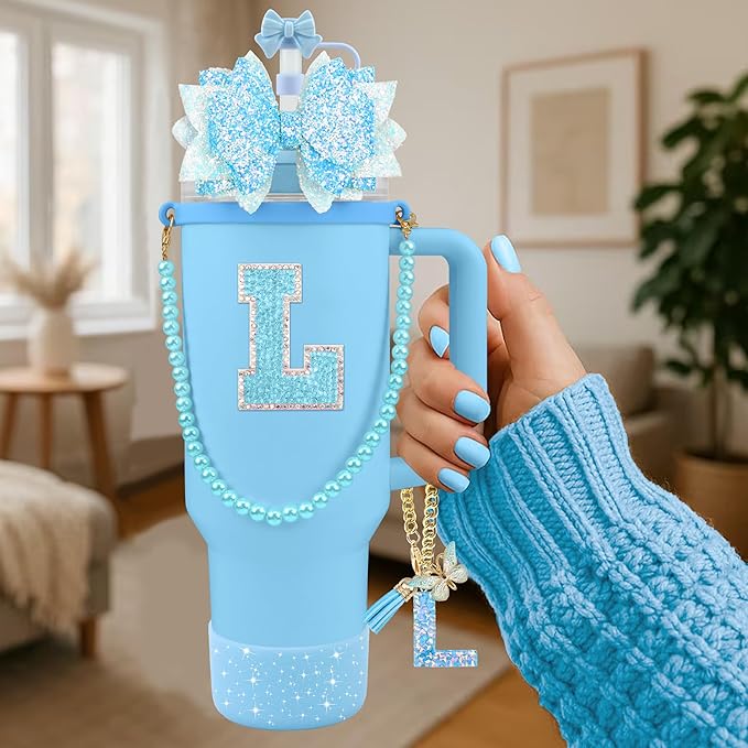 9PCS Blue for Stanley Cup Accessories Set Bling Initials Bow Charms for Stanley Decorations 30/40 Oz Tumbler Accessories Including Bow Straw Topper, Handle Strap, Spill Stopper（Letter L）