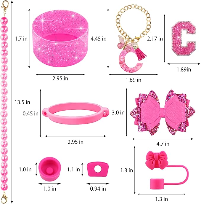 9PCS Hot Pink for Stanley Cup Accessories Set Bling Initials Bow Charms for Stanley Decorations 30/40 Oz Tumbler Accessories Including Bow Straw Topper, Handle Strap, Spill Stopper（Letter C）