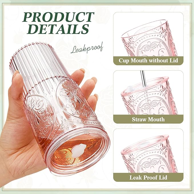 2 Set 20oz Vintage Plastic Tumbler with Lids and Straws Ribbed Floral Drinking Glasses Reusable Iced Coffee Cups for Water Juice Smoothie Cocktail Travel Party Events Gift (Pink)