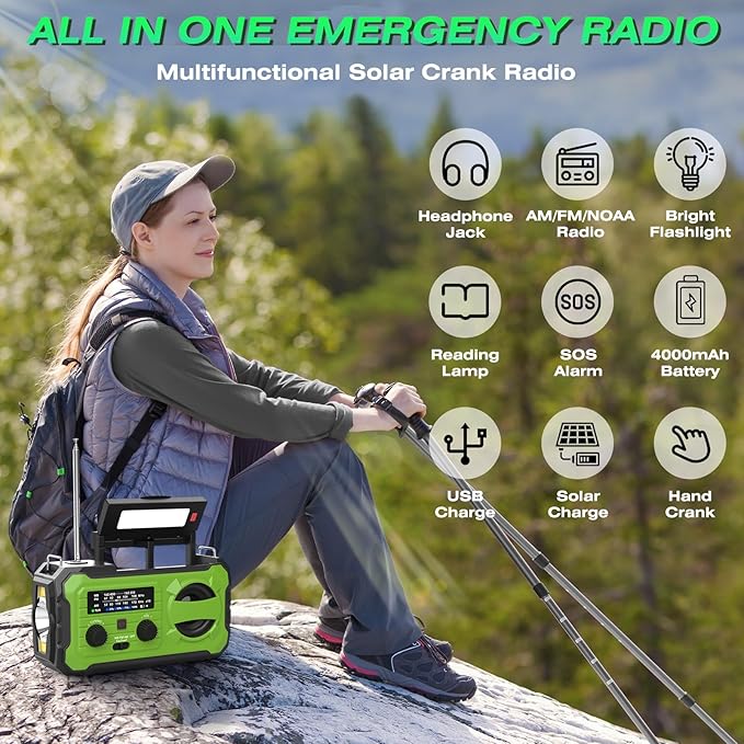 NITIGO Emergency Weather Radio 37000mWh Solar Hank Crank Radio USB Charged with NOAA/AM/FM, Flashlight, Reading Light, SOS Alarm for Emergency Kit for Indoor Outdoor Power Outage Survival Essentials
