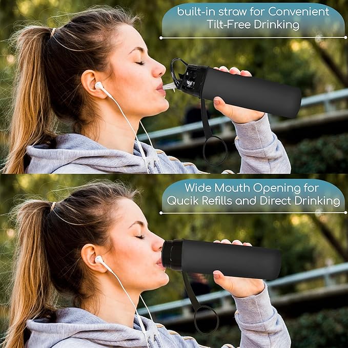 Collapsible Water Bottles 20oz, Odorless BPA-Free Silicone, Leak-Proof Foldable Reusable Bottle - Perfect for Cruise Travel Sports Gym Hiking Camping Cycling - Black