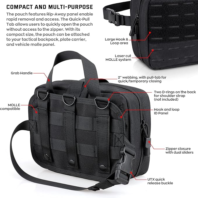 LIVANS Tactical Molle Medical Pouch - Upgraded Size, Large Capacity IFAK Pouch with Detachable Quick Release and Headrest Mount, Includes Flag and Cross Patch
