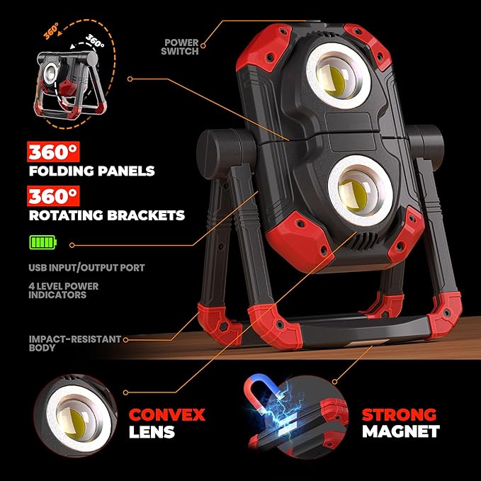 YZONI LED Work Light Rechargeable, 2 COB 2500LM Folding Portable Flood Light with Magnetic Base and 360° Rotation Stand, Spotlights for Camping, Car Repairing, Emergency and Job Site Lighting