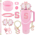 9PCS Pink for Stanley Cup Accessories Set 30/40 Oz Bling Initials Bow Charms for Stanley Decorations Tumbler Accessories Including Bow Straw Topper, Pearl Handle Strap,Spill Stopper（Letter S）