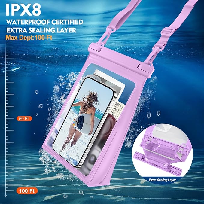 Large Floating Waterproof Phone Pouch, Cell Phone Dry Bag for iPhone 17 16 15 14 13 Pro Max Galaxy Google All Phones, IPX8 Waterproof Bag for Beach Vacation Purple