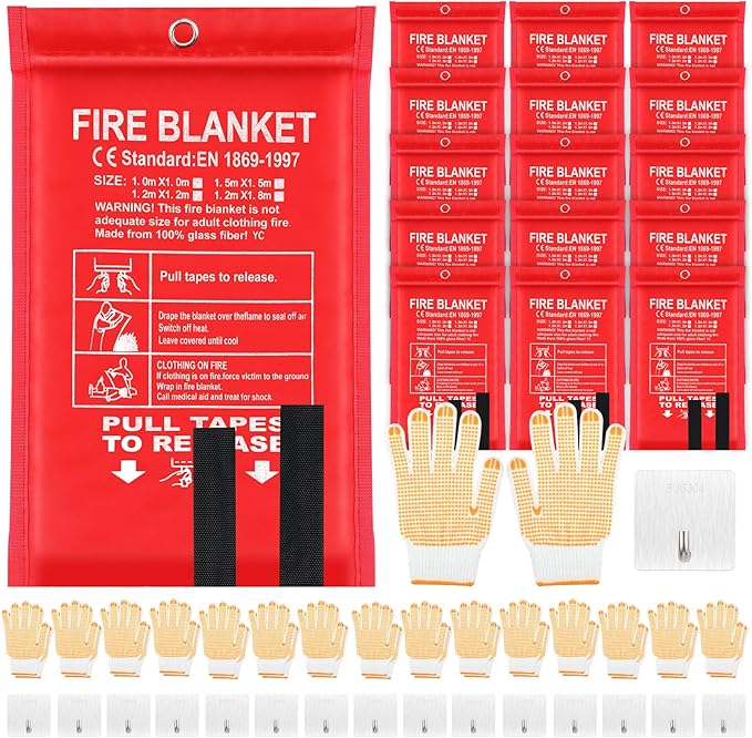 45 Pcs Emergency Fire Blankets for Home and Kitchen 40x40 Inch 15 Fiberglass Fire Suppression Blankets with 15 Fireproof Gloves & 15 Hooks for House Grill Fireplace Camping Car Warehouse Safety
