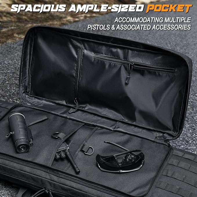 DULCE DOM 36 42 48 Inch Double Rifle Case, Tactical Soft Padded Backpack for Hunting & Shooting Range, Heavy-Duty Storage Gun Bag for 2 Rifles & Pistols with Lockable Zippers & MOLLE System