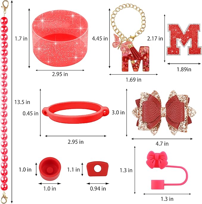 9PCS Red for Stanley Cup Accessories Set Bling Initials Bow Charms for Stanley Decorations 30/40 Oz Tumbler Accessories Including Bow Straw Topper, Handle Strap, Spill Stopper（Letter M）