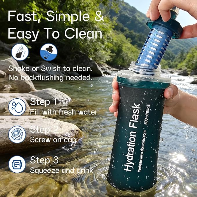 GUYI 500ml Collapsible Water Filter Bottle, Removes Impurities, BPA Free, Ultralight for Hiking, Camping, Cycling & Travel-Dusty Blue
