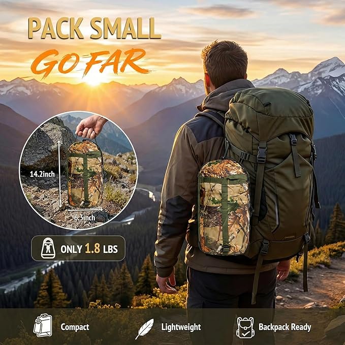 Insulated Camping Blanket | Military Poncho Liner for Hiking Backpacking Travel Hunting & Survival Gear, Water Resistant Outdoor Blanket with Lightweight & Packable Compression Bag(Leaf)