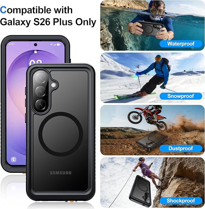 ANTSHARE IP68 Waterproof Case for Samsung Galaxy S26 Plus [2026] - MagSafe Compatible, Built-in Screen/Lens Protector - Shockproof Full Body Protection for Swimming/Outdoor, Black-Translucent Matte
