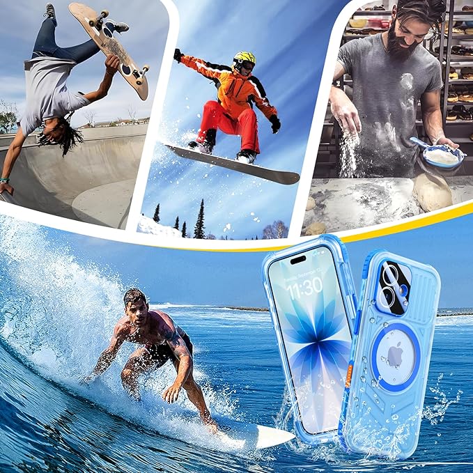 SPIDERCASE Magnetic for iPhone 17 Case Waterproof,[Built-in Screen & Camera Protector] [IP68 Underwater] 12FT Military Shockproof, Dustproof, Anti-Scratched Phone Case,Blue/Clear