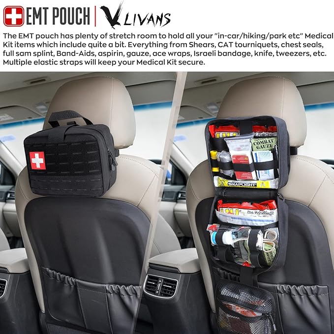 LIVANS Tactical Molle Medical Pouch - Upgraded Size, Large Capacity IFAK Pouch with Detachable Quick Release and Headrest Mount, Includes Flag and Cross Patch