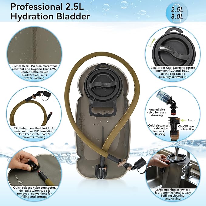 MARCHWAY Tactical Molle Hydration Pack with 2.5L TPU Water Bladder, Low-Profile Organized Military Backpack for Hiking, Cycling, Backpacking, Hunting, Running