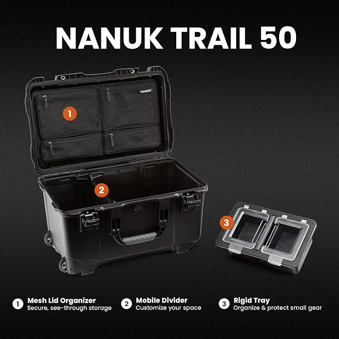 NANUK Trail 50 – 51.1 L (13.5‑Gallon) Waterproof Gear Case – Modular Cargo Case for Camping, Fishing, Hunting & Outdoor Storage - Dustproof and Impact Resistant (23.8” x 15.5” x 13.2”) – Black