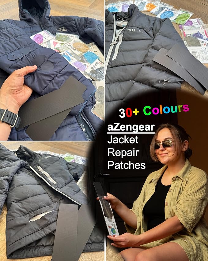 aZengear Jacket Repair Patches (2 Pack) - Self-Adhesive, Waterproof, Tear-Cold-Heat-Resistant Polyester to Fix Rips in Tents, Down Jackets, Puffers, Snowsuit, Shoe, Upholstery (Black)