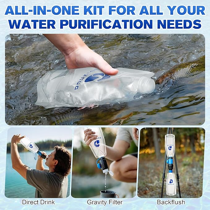 1L Collapsible Water Filter Bags and Water Filter Coupling Kit Compatible with 28mm External Threaded Filters, Foldable Backpacking Bottle for Traveling, Hiking, Camping - 4 × 33.8oz
