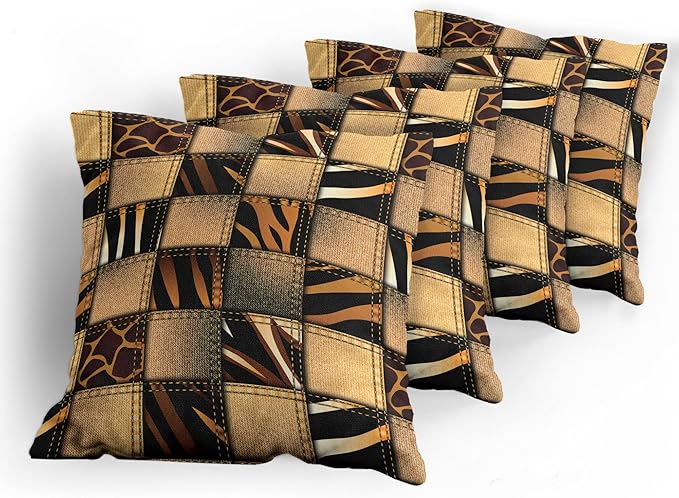Ambesonne Safari Decorative Throw Pillow Case Pack of 4, Jeans Denim Patchwork in Safari Style Wilderness Design Art Print, Cushion Cover for Couch Living Room Car, 20", Brown Black