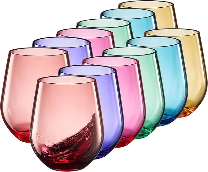European Style Plastic Crystal Unbreakable Stemless Wine Glasses | Set of 12 | Acrylic Glasses Tritan Bright Color Shatterproof BPA-free, Outdoor, Pool, Indoor, Hand Wash 15oz Gift, Everyday & Holiday