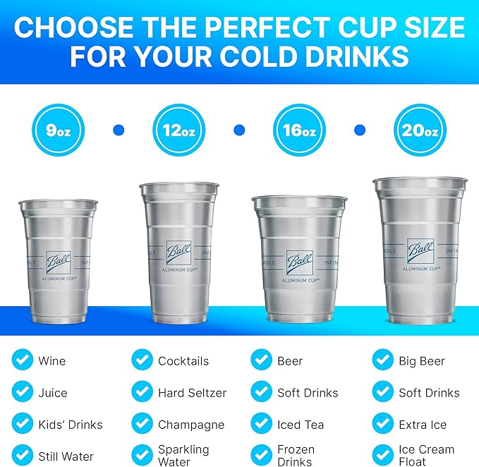 Top Cup Aluminum Cups, 12 oz Reusable Party Cups, Cold-Holding, Recyclable, 12 oz Cup, 50 Cups Per Pack, Made in USA