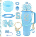9PCS Blue for Stanley Cup Accessories Set Bling Initials Bow Charms for Stanley Decorations 30/40 Oz Tumbler Accessories Including Bow Straw Topper, Handle Strap, Spill Stopper（Letter S）