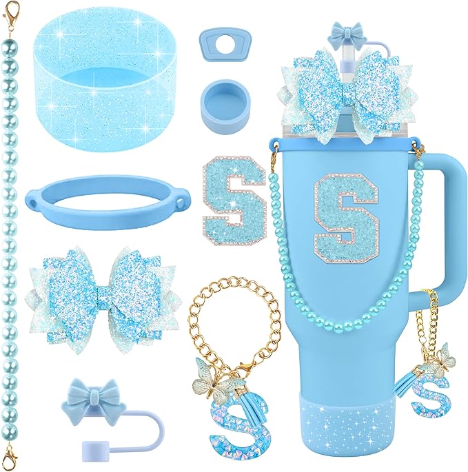 9PCS Blue for Stanley Cup Accessories Set Bling Initials Bow Charms for Stanley Decorations 30/40 Oz Tumbler Accessories Including Bow Straw Topper, Handle Strap, Spill Stopper（Letter S）