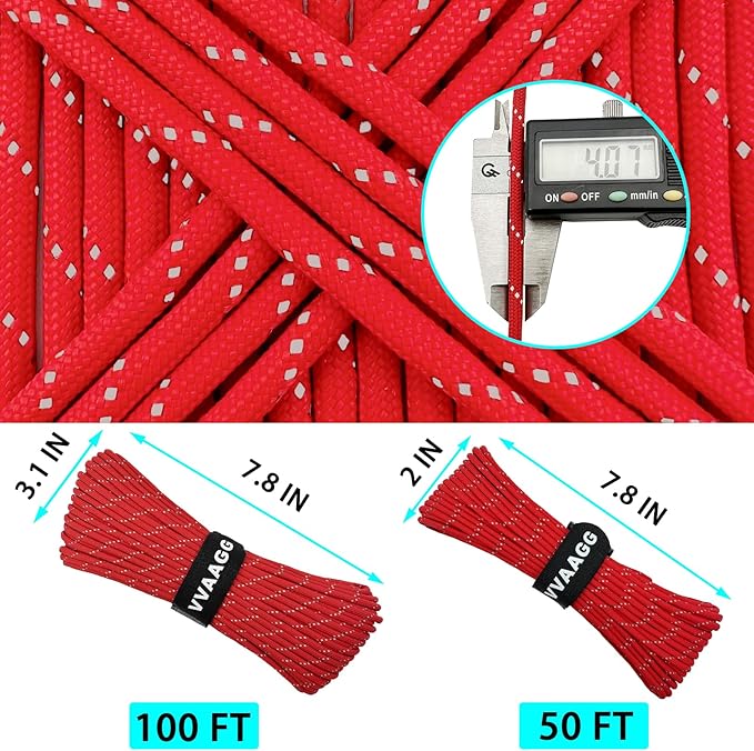 VVAAGG Reflective Paracord Rope 100FT, 7 Strand Nylon para Cord Lanyard Utility 550 Parachute Cord, 4mm Thin Tent Rope for Outdoor Camping Hiking