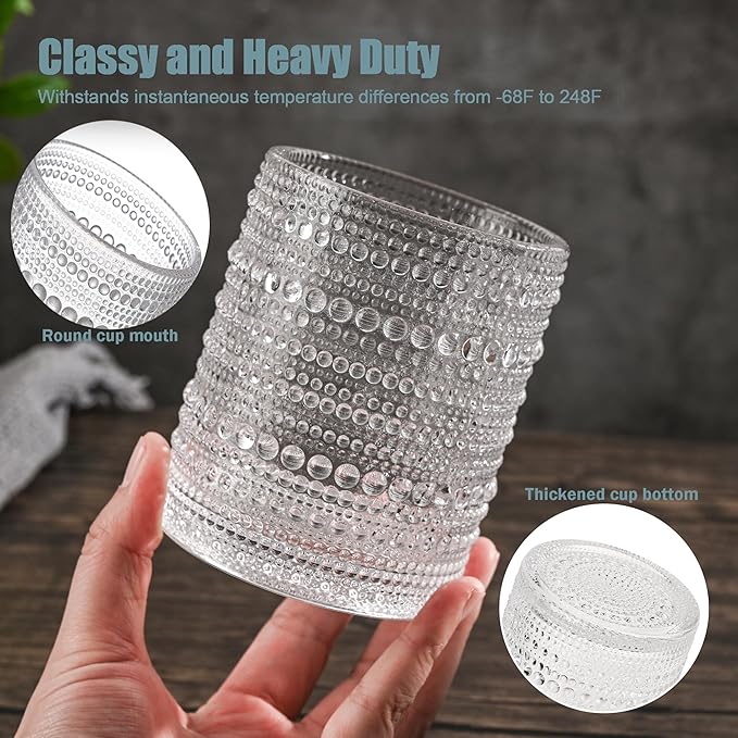 Set of 4 Hobnail Drinking Glasses,15.2 Oz Romantic Water Glasses, Clear Embossed Design Vintage Glassware, Cocktail Glasses, Beaded Drinking Glasses for Water, Beer, Juice(15oz+4")