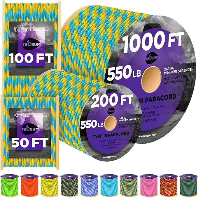 TECEUM Reflective Paracord Rope 1000 – 1000ft/200ft/100ft/50ft – 40+ Colors – Glow in The Dark – para Cord – Utility Rope for Survival, Hunting & Camping Gear – Nylon String, Camping Rope, Tent Cord