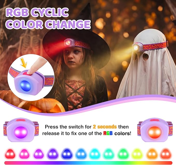 EverBrite LED Headlamp Rechargeable Kids Headlamp with RGB Mode and Adjustable Headband, 3 Modes Multicolor Headlamp for Camping, Reading, Exploring, Halloween, Christmas-2 Pack