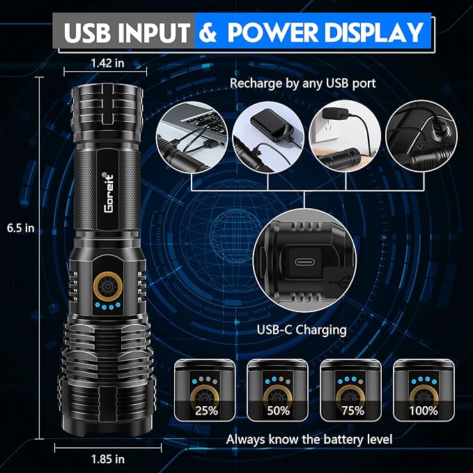 Flashlights LED High Lumens Rechargeable, Goreit 20,000 Lumens XHP70.2 Super Bright Flashlight, Flash Light Battery Powered, Powerful Handheld Flashlight with holster for Emergency Camping Hiking Gift