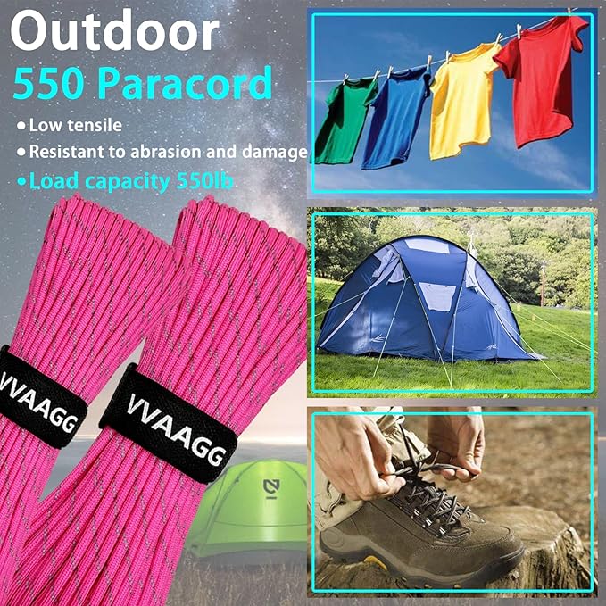 VVAAGG Reflective Paracord Rope 100FT, 7 Strand Nylon para Cord Lanyard Utility 550 Parachute Cord, 4mm Thin Tent Rope for Outdoor Camping Hiking
