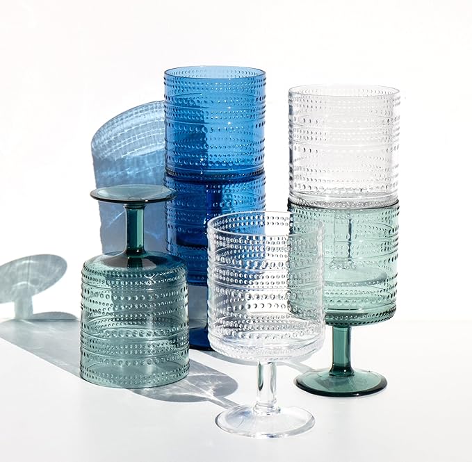 Beaded 14 oz Durable Acrylic Wine Glasses, Shatter-Resistant and Dishwasher-Safe Indoor/Outdoor Drinkware, Glass for Wine, Sangria, and Spritzers - Cobalt Blue - Set of 6