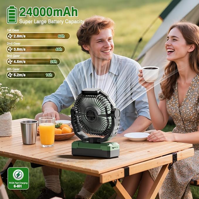 FRIZCOL 3-in-1 Camping Fan - Portable Fans Rechargeable - 24000mAh Battery Powered Fan with Light & Remote for Indoor, Outdoor, Tent, Travel, Fishing, Jobsite, Gifts for Men Dad Him - Green