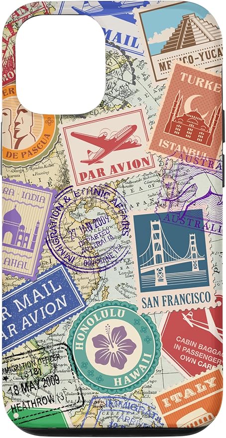 World Map Travel Passport Stamps Postage Stamp Case for iPhone 12/12 Pro