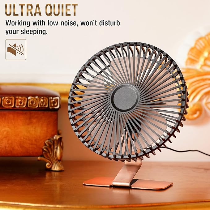 SLENPET 6 inch USB Small Desk Fan, 4 Speeds, Ultra-quiet, 90° Adjustment for Better Cooling, Portable Mini Powerful Desktop Table Fan, Mini Personal Fan for Home Office, Metal Base, Bronze