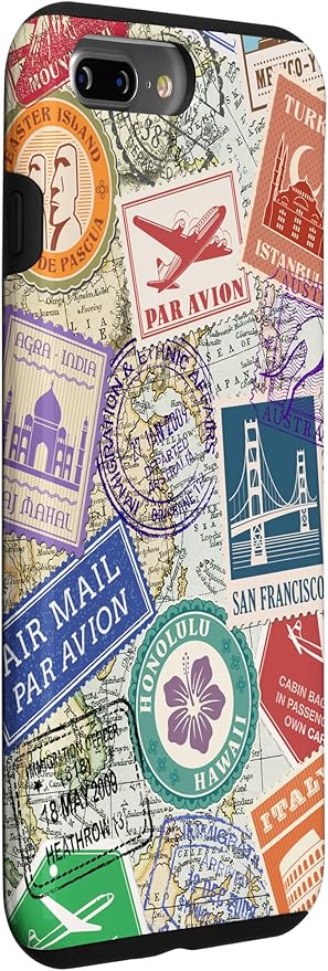 World Map Travel Passport Stamps Postage Stamp Case for iPhone 7 Plus/8 Plus