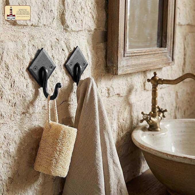 Mystic Colonial Rustic Cast Iron Wall Hooks, 3.6" Heavy Duty Coat Hooks for Coat, Bag, Towel, Hat & Robe, Mounting Hardware Included, Black, Pack of 1