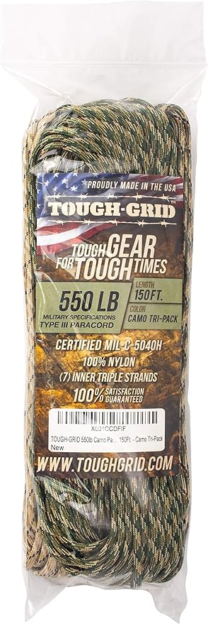 TOUGH-GRID 550 Paracord, Type III Mil-Spec Nylon Rope - 150 Ft Camo Tri-Pack Tactical Survival Cord