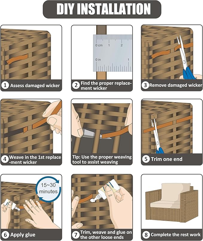 Lahpivieh 120 Ft Wicker Repair Kit, Plastic Wicker Material, Faux Rattan Replacement Supplies for Patio Furniture Sofa Chair Repair (Mottled Grey)