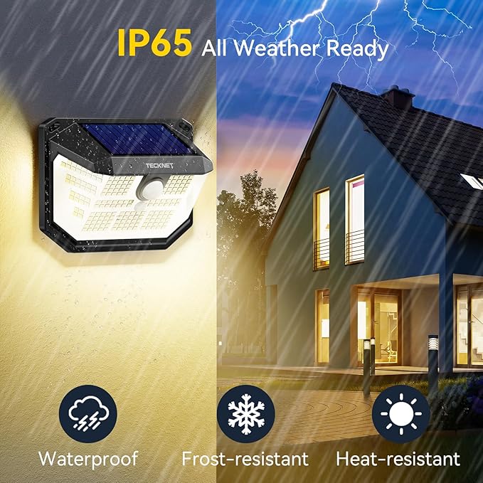 TECKNET 231 LED Motion Sensor Outdoor Lights, 6 Pack, 300° Solar Security Wall Lights, 3 Lighting Modes, IP65 Waterproof, PIR Motion Sensor for Outside, Fence, Garden, Yard, Deck, Garage - Warm White