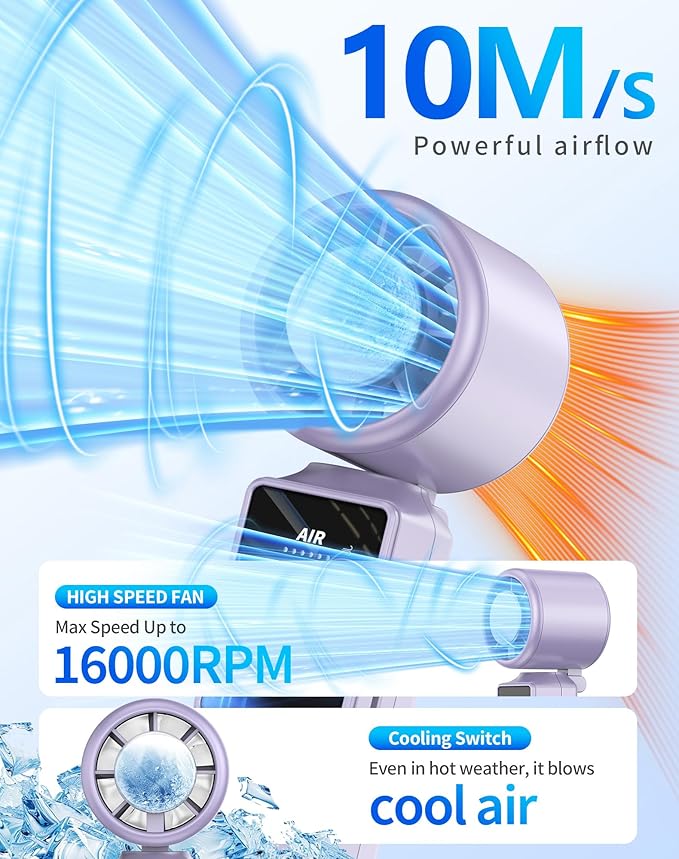 Foluu 3-in-1 Portable Cooling Fan with Active Cooling Technology, 16,000 RPM, 100-Speed Touch Control & LED Display, Type-C Fast Charge, Neck Strap & Stand – for Travel, Office, Outdoor (Purple)
