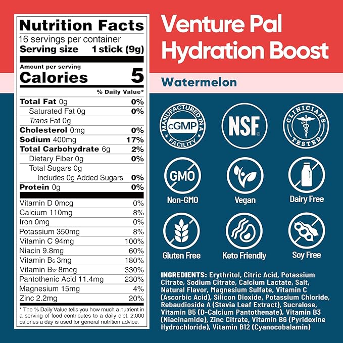Venture Pal Sugar Free Electrolyte Powder Packets - Liquid Daily IV Hydration Packets for Rapid Rehydration | 7 Electrolytes & 5 Vitamins | Keto Friendly | Non-GMO | Vegan | Fast Dissolve | 16 Sticks