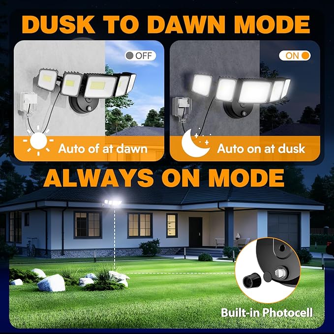 Onforu 150W 15000LM Dusk to Dawn Outdoor Lighting,5 Heads Plug in Flood Lights,6500K Super Bright Automatic Black Outdoor Lighting,IP66 Waterproof Hardwired LED Security Lights for Garage,Yard,Outside