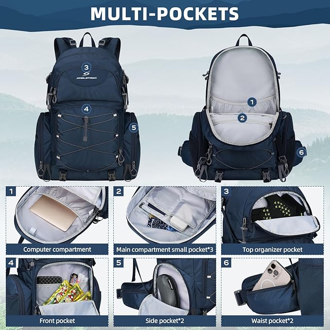 Maelstrom Hiking Backpack, 40L Waterproof Camping Daypack for Men and Women, Lightweight Travel Pack with Rain Cover (Blue)