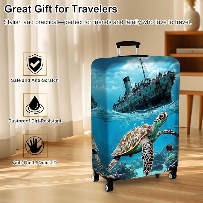 Luggage Cover Protector for 30-32 Inch Suitcases, TSA Approved Elastic Travel Suitcase Covers, Anti-Scratch Washable Luggage Sleeve for Carry On & Checked Bags, Majestic Sea Turtle